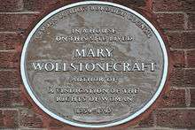 Brown plaque of Wollstonecraft's final home, in Camden