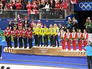 Three groups of women holding bouquets stand on a podium. The group on the left are wearing red tops and black pants, and have silver medals around their necks. The group on the center are wearing yellow tops and black pants, and have gold medals around their necks. The group on the right are wearing mostly white tops with red pants, and have bronze medals around their necks.