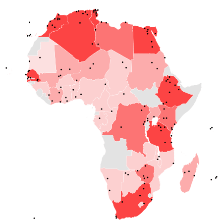 A map of World Heritage Sites in Africa as of 2016. The northern, eastern, and southern parts of the continent are relatively dense with sites; in contrast the western coast is home to relatively few.