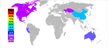 World map revealing that about 40% of zinc is produced in China, 20% in Australia, 20% in Peru, and 5% in US, Canada and Kazakhstan each.