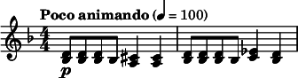  \relative c' { \clef treble \key d \minor \numericTimeSignature \time 4/4 \tempo "Poco animando" 4 = 100 <d bes>8\p <d bes> <d bes> bes <cis a>4 <cis a> | <d bes>8 <d bes> <d bes> bes <ees c>4 <d bes> } 