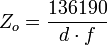 Z_o = \frac{136190}{d \cdot f}