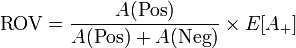  \mathrm{ROV} = \frac{A(\mathrm{Pos})}{A(\mathrm{Pos})+A(\mathrm{Neg})} \times E[A_+]