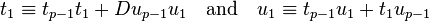 t_1 \equiv t_{p-1} t_1 + D u_{p-1} u_1 \quad \mbox{and} \quad u_1 \equiv t_{p-1} u_1 + t_1 u_{p-1}