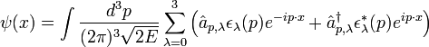 \psi(x) = \int{\frac{d^3p}{(2\pi)^3 \sqrt{2E} } \sum_{\lambda = 0}^3{\left(\hat{a}_{p,\lambda} \epsilon_\lambda(p) e^{-i p \cdot x} + \hat{a}_{p,\lambda}^{\dagger} \epsilon^*_\lambda(p) e^{i p \cdot x} \right)} } \,