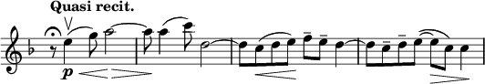 
\relative c' \new Staff \with { \remove "Time_signature_engraver" } {
 \key d \minor \time 4/4 \tempo "Quasi recit."
  r8\fermata e'4\upbow \p \< (g8) a2~\> << a8 { s16 s16\! } >> a4( c8) d,2~ d8 c\<( d e\!) f--[ e--] d4~ d8 c-- d-- e~( e\>[ c]) c4\!
 }
