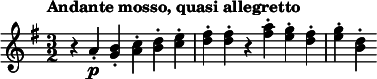  \relative c'' { \clef treble \key g \major \time 3/2 \tempo "Andante mosso, quasi allegretto" r4 a\p-. <b g>-. <c a>-. <d b>-. <e c>-. | <fis d>-. <fis d>-. r <a fis>-. <g e>-. <fis d>-. | <g e>-. <d b>-. } 