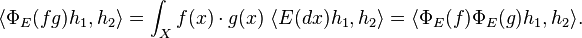 
\langle \Phi_E (fg) h_1, h_2 \rangle = \int _X f(x) \cdot g(x) \; \langle E(dx) h_1, h_2 \rangle 
= \langle \Phi_E (f) \Phi_E (g) h_1 , h_2 \rangle.
