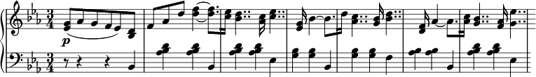 
 \relative c' {
  \new PianoStaff <<
   \new Staff { \key c \minor \time 3/4 
    \tempo \markup {
     \column {
 }
   }
      <ees g>8( aes g f ees) | <bes d> f' aes d <d f>4~ <d f>8.[ <c ees>16] <bes d>4.. <aes c>16 <c ees>4.. <ees, g>16 bes'4~ bes8.[ d16] <aes c>4.. <g bes>16 <bes d>4.. <d, f>16 aes'4~ aes8.[ <aes c>16] <g bes>4.. <f aes>16 <g ees'>4..
   }
   \new Dynamics {
    s\p
      }
   \new Staff { \key c \minor \time 3/4 \clef bass
      r8 r4 r bes,, <aes' bes d> <aes bes d> bes, <aes' bes d> <aes bes d> ees <g bes> <g bes> bes, <g' bes> <g bes> f <aes bes> <aes bes> bes, <aes' bes d> <aes bes d> ees
   }
  >>
 }
