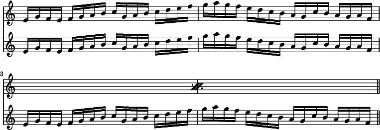 
\relative c' << { \override Score.TimeSignature #'stencil = ##f } \time 4/4 \new staff { \repeat percent 2 { e16 g f e f g a b c g a b c d e f g a g f e d c b a g c b a g a f } \bar "||" } \new staff { e16 g f e f g a b c g a b c d e f g a g f e d c b a g c b a g a f | e g f e f g a b c g a b c d e f g a g f e d c b a g c b a g a f } >>
