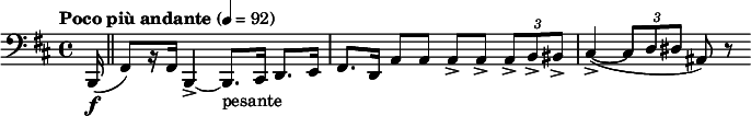  \relative c { \clef bass \time 4/4 \tempo "Poco più andante" 4=92 \key b \minor \partial 16*1 b,16\f( \bar "||" fis'8)[ r16 fis] b,4->~ b8._"pesante" cis16 d8. e16 | fis8. d16 a'8 a a-> a-> \times 2/3 { a-> b-> bis-> } | cis4->~( \times 2/3 { cis8 d dis } ais) r } 