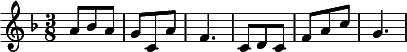 {\set Staff.midiInstrument = #"accordion" \key f \major \time 3/8 a'8 bes'8 a'8 g'8 c'8 a'8 f'4. c'8 d'8 c'8 f'8 a'8 c''8 g'4.}