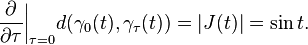 \frac{\partial}{\partial\tau}\bigg|_{\tau=0}d(\gamma_0(t),\gamma_\tau(t))=|J(t)|=\sin t.