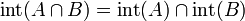  \operatorname{int}(A \cap B) = \operatorname{int}(A) \cap \operatorname{int}(B) \! 