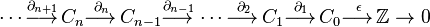 \dotsb\overset{\partial_{n+1}}{\longrightarrow\,}C_n
\overset{\partial_n}{\longrightarrow\,}C_{n-1}
\overset{\partial_{n-1}}{\longrightarrow\,}
\dotsb
\overset{\partial_2}{\longrightarrow\,}
C_1
\overset{\partial_1}{\longrightarrow\,}
C_0\overset{\epsilon}{\longrightarrow\,} \mathbb{Z} \to 0
