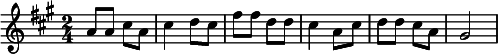 {\set Staff.midiInstrument = #"celesta" \key a \major \time 2/4 a'8 a' cis'' a' cis''4 d''8 cis'' fis'' fis'' d'' d'' cis''4 a'8 cis'' d'' d'' cis'' a' gis'2}