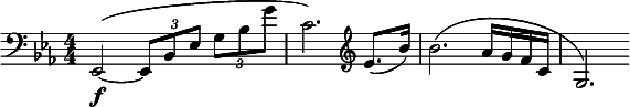  \relative c { \clef bass \numericTimeSignature \time 4/4 \key ees \major ees,2\f(~ \times 2/3 { ees8 bes' ees } \times 2/3 { g bes g' } | c,2.) \clef treble ees8.( bes'16) | bes2.( aes16 g f c | g2.) } 