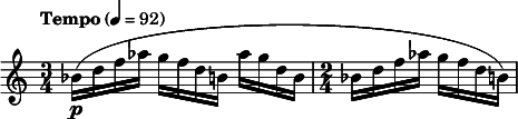  \relative c'' { \clef treble \time 3/4 \tempo "Tempo" 4 = 92 bes16\p( d f aes g f d b aes' g d b | \time 2/4 bes d f aes g f d b) } 