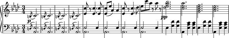 
 \relative b' {
  \new PianoStaff <<
   \new Staff { \key f \minor \time 3/4
    \tempo \markup { 
     \column {
 }
   }
        s32 \slashedGrace b,8( c2.) \slashedGrace b8( c2.) \slashedGrace b8( c2.) \slashedGrace b8( c2.) <ees c'>8 r <ees c'>4. <ees c'>8 <ees c'>( ees' aes,4) aes <ees c'>8 r <ees c'>4. des'8 ees c' aes r aes r <des, ees g bes>2.\pp <c ees aes> <g bes des f> <aes c ees>
   }
   \new Dynamics {
    s\p
    }
   \new Staff { \key f \minor \time 3/4 \clef bass
    <<
      { s32 \slashedGrace d,,8( <ees aes,>2.) \slashedGrace d8( <ees aes,>2.) \slashedGrace d8( <ees aes,>2.) \slashedGrace d8( <ees aes,>2.) ees2 ees4 ees2 ees4 ees2 ees4 ees2 ees4 }
    \\
      { s32 \slashedGrace s8 s2. \slashedGrace s8 s2. \slashedGrace s8 s2. \slashedGrace s8 s2. aes, aes aes aes ees'4 <g des'> <g des'> aes, <ees' aes c> <ees aes c> ees4 <g des'> <g des'> aes, <ees' aes c> <ees aes c> }
    >>
      }
  >>
 }
