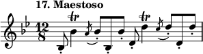 
%etude17
\relative b
{  
\time 12/8
\tempo "17. Maestoso"
\key bes \major
bes8-. bes'4 \trill \acciaccatura {a8} bes8-. bes,-. bes'8-.
d,8-. d'4 \trill \acciaccatura {c8} d8-. d,8-. d'8-.
}

