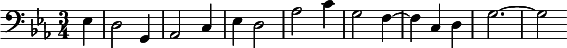  \relative c { \clef bass \key ees \major \time 3/4 \partial 4*1 ees | d2 g,4 | aes2 c4 | ees d2 | aes' c4 | g2 f4~ | f c d | g2.~ | g2 } 