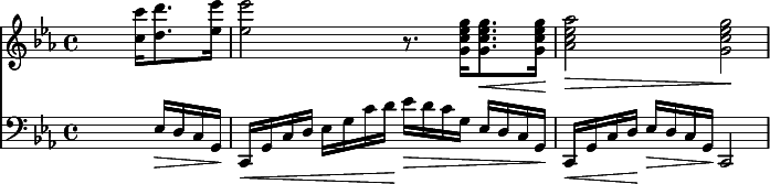 <<{\key c \minor \skip2 \skip8. <c'' c'''>16[ <d'' d'''>8. <es'' es'''>16] <es'' es'''>2 r8. <g'' es'' c'' g'>16[ <g'' es'' c'' g'>8.\< <g'' es'' c'' g'>16]\! <as'' es'' c'' as'>2\> <g'' es'' c'' g'>2\!} {\key c \minor \clef bass \skip2. es16\> d c g,\! c,\< g, c d es g c' d'\! es'\> d' c' g es d c g,\! c,\< g, c d\! es\> d c g,\! c,2}>>