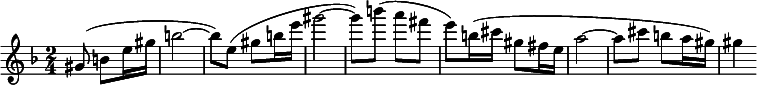 
 \relative c''
{
\clef treble \key f \major \time 2/4 \partial 8*3 gis8( b e16 gis b2~ b8) e,( gis b16 e gis2~ gis8) b( a fis e) b16( cis gis8 fis16 e a2~ a8 cis b a16 gis) gis4
}
