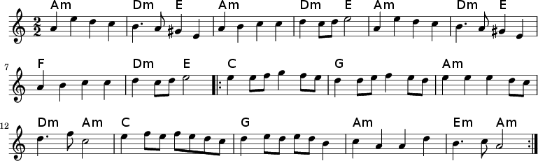 
<<
  \chords { a1:m d2:m e a1:m d2:m e a1:m d2:m e f1 d2:m e
            c1 g1 a1:m d2:m a:m c1 g a:m e2:m a:m }
  \relative c'' {
    \numericTimeSignature
    \key a \minor
    \time 2/2
      a4 e' d c | b4. a8 gis4 e |
      a b c c | d c8[ d] e2 |
      a,4 e' d c | b4. a8 gis4 e | 
      a b c c | d c8[ d8] e2 |
     &nbsp;% \bar "||"
      \repeat volta 2 {
        e4 e8[ f] g4 f8[ e] | d4 d8[ e] f4 e8[ d] |
        e4 e e d8[ c] | d4. f8 c2 |
        e4 f8[e] f[ e d c ] | d4 e8[ d] e8[ d] b4 | 
        c a a d | b4. c8 a2
      }
  }
>>
