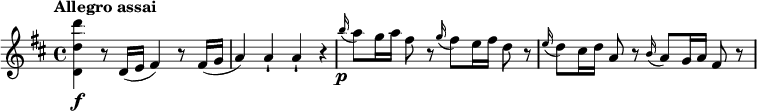 
\relative c'' {
  \key d \major
  \tempo "Allegro assai"
  <d' d, d,>\f r8 d,,16( e fis4) r8 fis16( g a4) a-| a-| r \grace b'16\p(a8 ) g16 a fis8 r \grace g16(fis8 ) e16 fis d8 r \grace e16(d8 ) cis16 d a8 r \grace b16(a8 ) g16 a fis8 r
}
