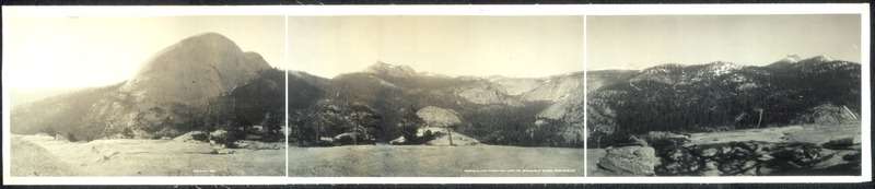 Panorama of Little Yosemite from Liberty Cap: Half Dome, Moraine Dome, Sugar Loaf Dome, Bunnell Point, Cascade Cliffs and Mount Starr King.