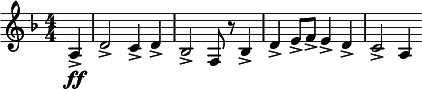  \relative c' { \clef treble \key d \minor \numericTimeSignature \time 4/4 \partial 4*1 a4\ff-> | d2-> c4-> d-> | bes2-> f8 r bes4-> | d-> e8-> f-> e4-> d-> | c2-> a4 } 