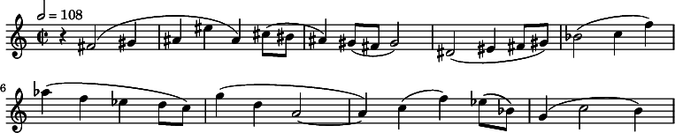 
  \relative c' { \clef treble \time 2/2 \tempo 2 = 108 r4 fis2( gis4 ais( eis' ais,) cis8( bis ais4) gis8( fis gis2) dis( eis4 fis8 gis) bes2( c4 f) aes( f ees d8 c) g'4( d a2~ a4) c( f) ees8( bes) g4( c2 b4) }
