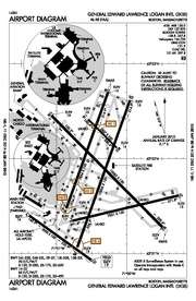 A map with a grid overlay showing the terminals runways and other structures of the airport.