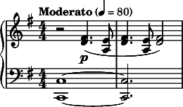  { \new PianoStaff << \new Staff \relative c' { \clef treble \numericTimeSignature \time 4/4 \key g \major \tempo "Moderato" 4 = 80 r2 <fis d>4.\p( <e a,>8 | <fis d>4. <e a,>8 <fis d>2) } \new Staff \relative c { \clef bass \key g \major \numericTimeSignature \time 4/4 <c c,>1~ | <c c,>2. s4 } >> } 