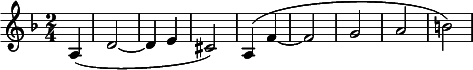 
  \relative c' { \clef treble \key d \minor \time 2/4 \partial 4*1 a4( d2~ d4 e cis2) a4( f'~ f2 g a b) }
