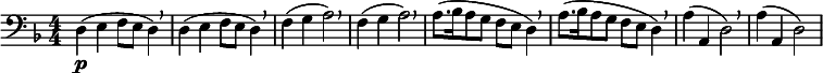 
  \relative c { \clef bass \numericTimeSignature \time 4/4 \key d \minor d4\p( e f8 e d4) \breathe | d4( e f8 e d4) \breathe | f( g a2) \breathe | f4( g a2) \breathe | a8.([ bes16 a8 g] f e d4) \breathe | a'8.([ bes16 a8 g] f e d4) \breathe | a'( a, d2) \breathe | a'4( a, d2) }
