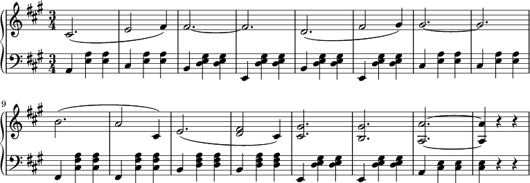 
 \relative g'' {
  \new PianoStaff <<
   \new Staff { \key fis \minor \time 3/4
    \tempo \markup {
     \column {
   }
    }
    cis,,2.( e2 fis4) fis2.~ fis d2.( fis2 gis4) gis2.~ gis b( a2 cis,4) e2.( <d fis>2 cis4) <cis gis'>2. <b gis'> <a a'>~ <a a'>4 r r
   }
   \new Staff { \key fis \minor \time 3/4 \clef bass
   a, <e' a> <e a> cis <e a> <e a> b <d e gis> <d e gis> e, <d' e gis> <d e gis> b <d e gis> <d e gis> e, <d' e gis> <d e gis> cis <e a> <e a> cis <e a> <e a> fis, <a' fis cis> <a fis cis> fis, <a' fis cis> <a fis cis> b, <a' fis d> <a fis d> b, <a' fis d> <a fis d>e, <d' e gis> <d e gis> e, <d' e gis> <d e gis> a <cis e> <cis e> <cis e> r r
   }
  >>
 }
