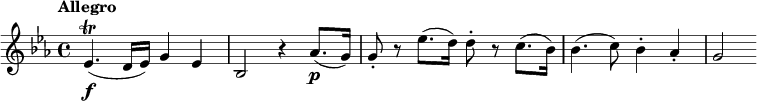 
\relative c' {
  \tempo "Allegro"
  \key es \major
  es4.\f\trill( d16 es) g4 es |
  bes2 r4 as'8.(\p g16) |
  g8-. r es'8.( d16) d8-. r c8.( bes16) |
  bes4.( c8) bes4-. as-. |
  g2
}
