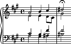  { \new PianoStaff << \new Staff \relative c'' { \clef treble \key a \major \time 4/4 << { a2 b4 cis | dis2\fermata } \\ { e,2 e4 d8 cis | gis'2 } >> } \new Staff \relative c' { \clef bass \key a \major \time 4/4 << { cis2 b4 fis' | fis2 } \\ { a,2 gis4 ais | bis2 } >> } >> } 