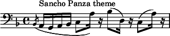  \relative c { \clef bass \key d \minor \slashedGrace bes8( a16^"Sancho Panza theme" g a bes c8 a'16) r bes8( d,16) r c8( a'16) r } 