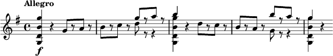 
\relative c''' {
  \tempo "Allegro"
  \key g \major
  <g b, d, g,>4\f r g,8[ r a] r |
  b8[ r c] r 
     << { g'8[ r a] r | b4 } \\ { d,8 r r4 | <g b, d, g,>4 } >>
  r4 d8[ r c] r |
  b8[ r a] r 
     << { b'8[ r a] r | g4 } \\ { g,8 r r4 | <g' b, d, g,>4 } >>
  r4
}
