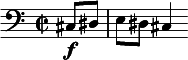 \relative c { \clef bass \time 2/2 \partial 4*1 cis8\f dis | e dis cis4 } 